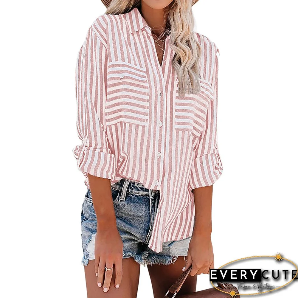 Pink Stripe Button Long Sleeve Shirt with Pocket