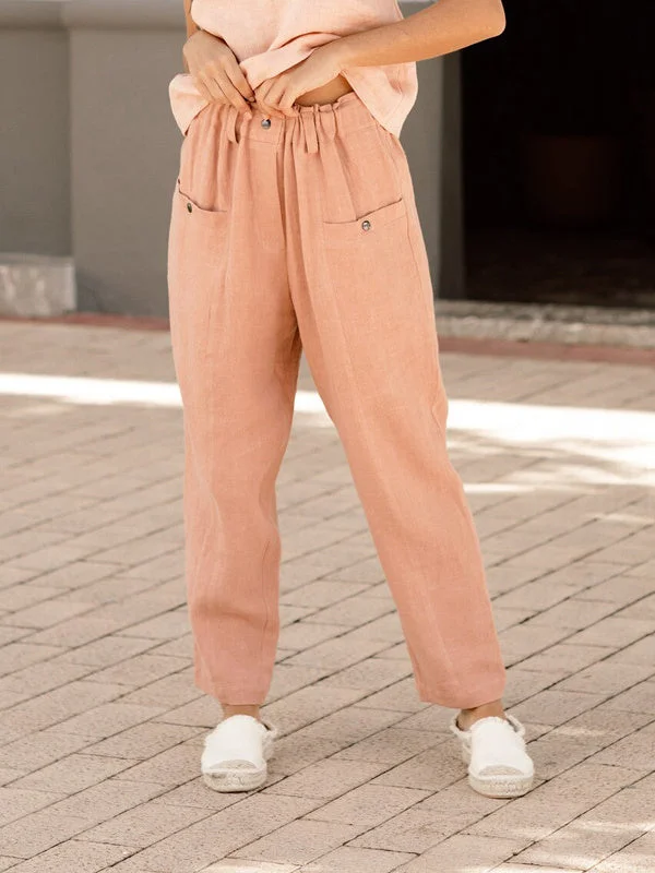 Women's Button Cotton Linen Elastic Waist Loose Casual Pants Homewear