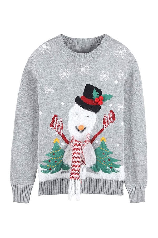 Womens Crew Neck Snowman Snowflake Ugly Christmas Sweater Gray-elleschic