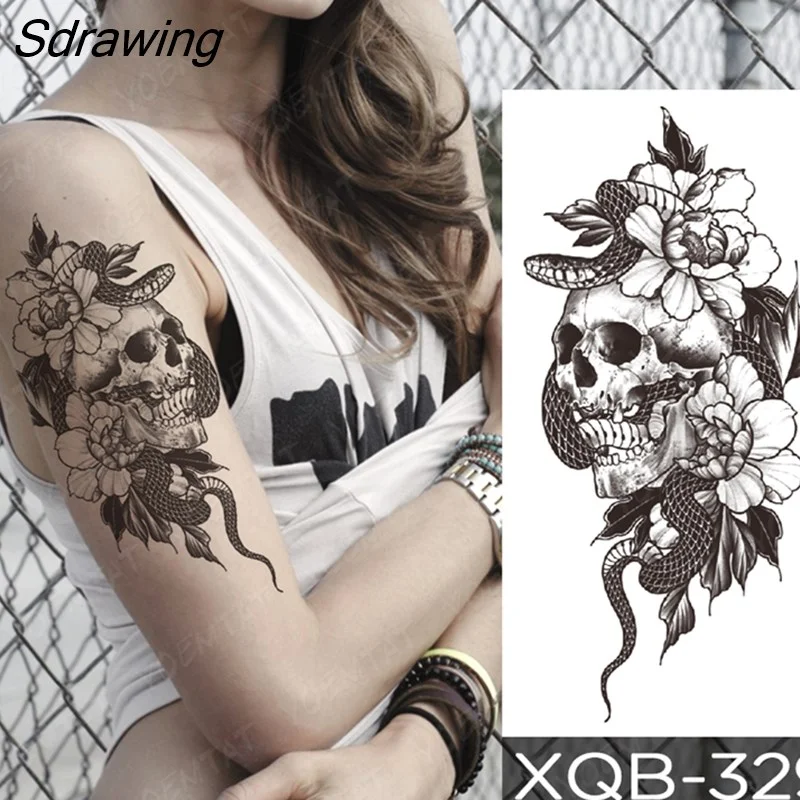 Sdrawing Temporary Tattoo Sticker Rose Snake Flower Tattoos Lace Tiger Dragon Body Art Arm Fake Sleeve Tatoo Women