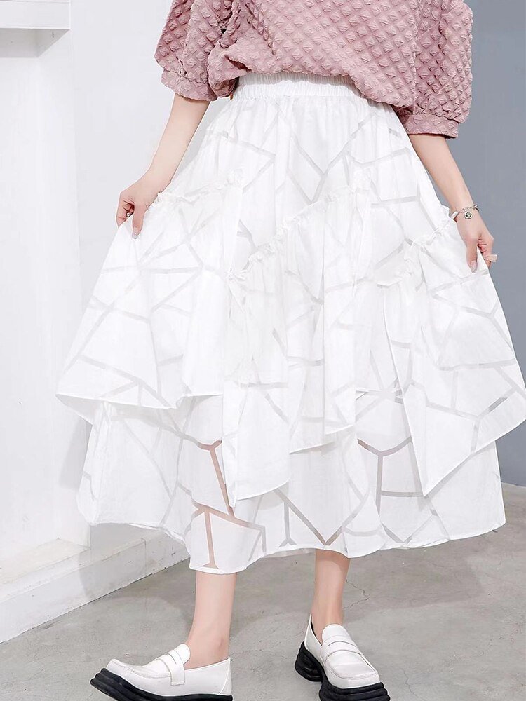 Elegant White Perspective Geometry Asymmetrical Ruffle Patchwork Skirt           