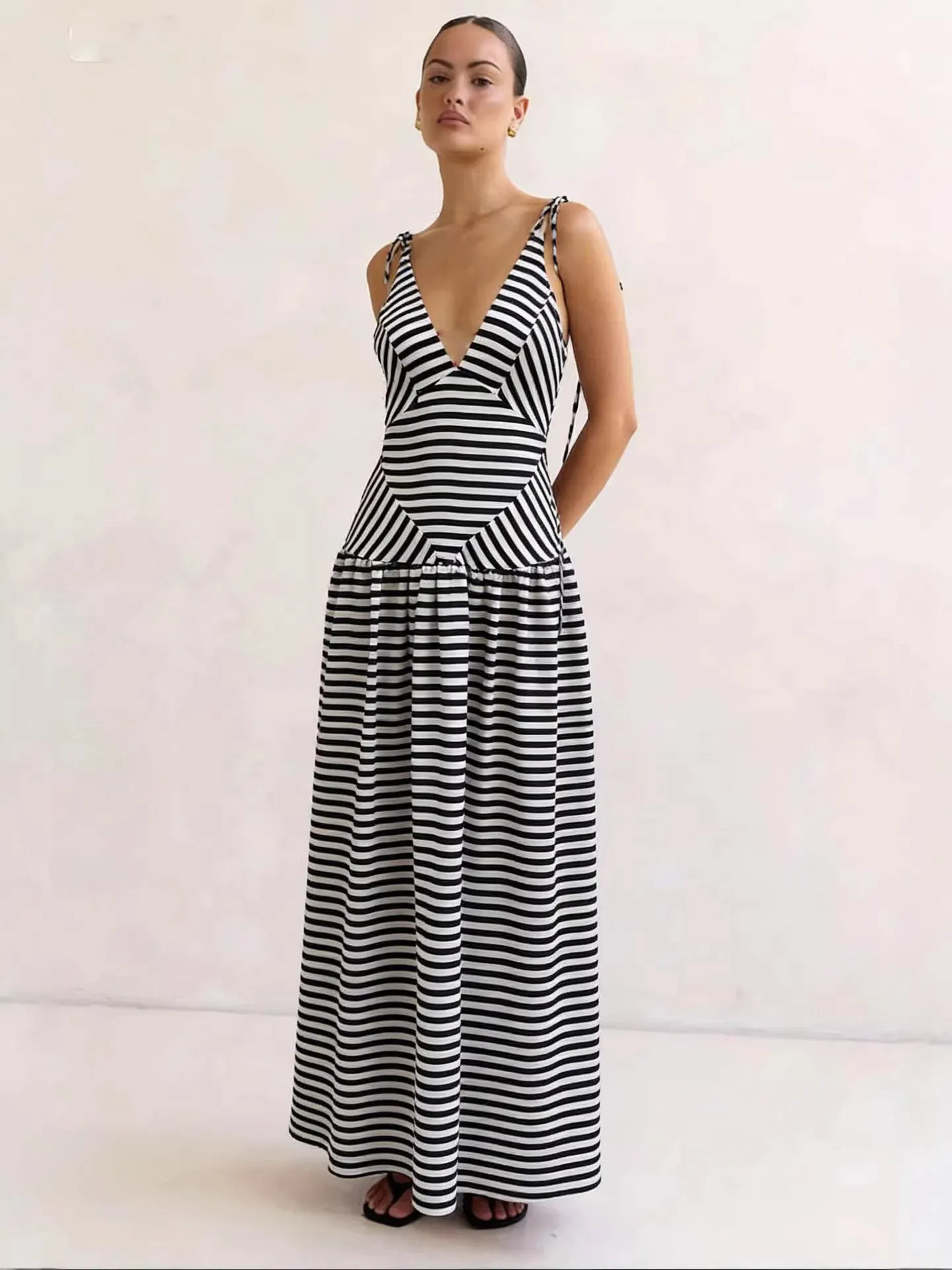 Striped V-Neck Tie-Shoulder Maxi Dress mysite idetrend