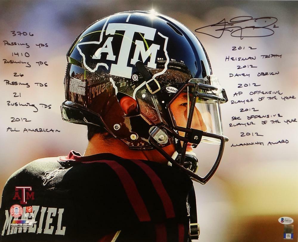 Johnny Manziel Signed Texas A&M 16x20 Close Up PF Photo Poster painting w/ Stats- Beckett Auth