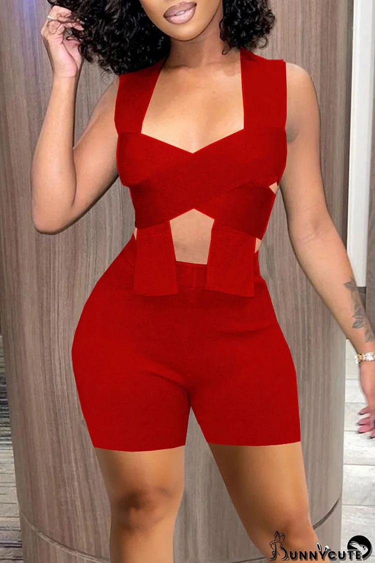 Red Sexy Solid Hollowed Out Split Joint Asymmetrical Sleeveless Two Pieces