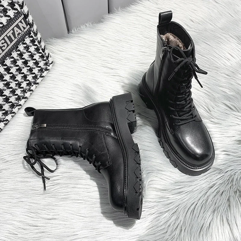 Fashion Winter Boots For Women Fur Black Combat Boots Women 2021 New PU Leather Punk Gothic Shoes Platform Ankle Boots Designer