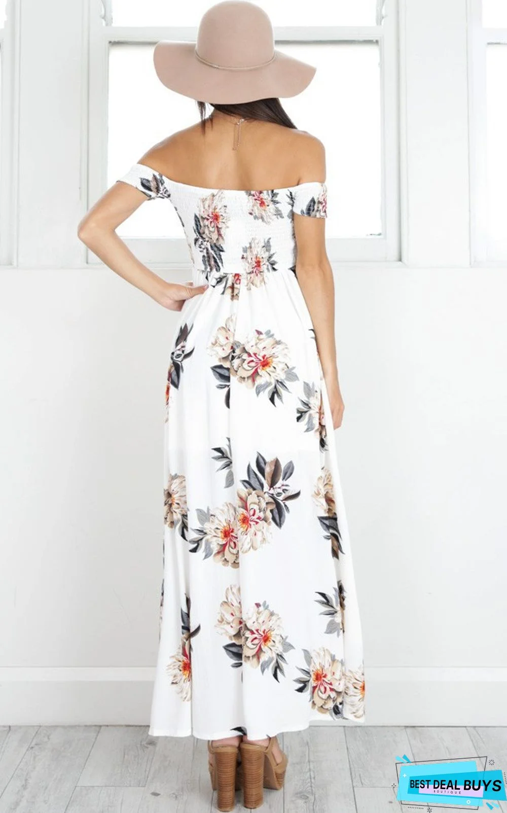 Chest-Wrapped Flower Printed Beach Gown White Dresses