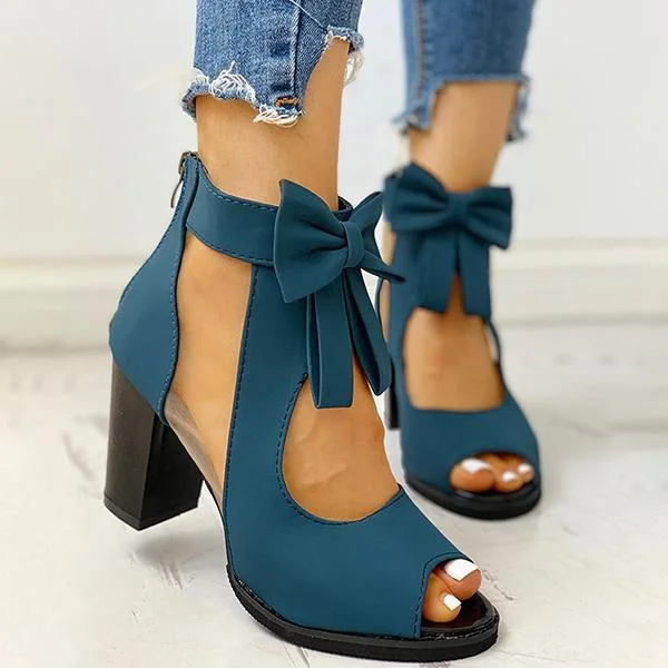 Peep Toe Mesh Insert Bowknot Chunky Heeled Sandals