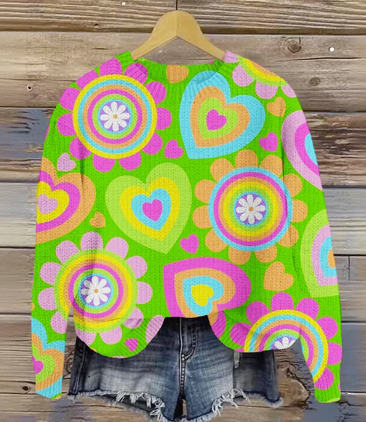 Vintage Lovely Flower Art Print Knit Pullover Sweater