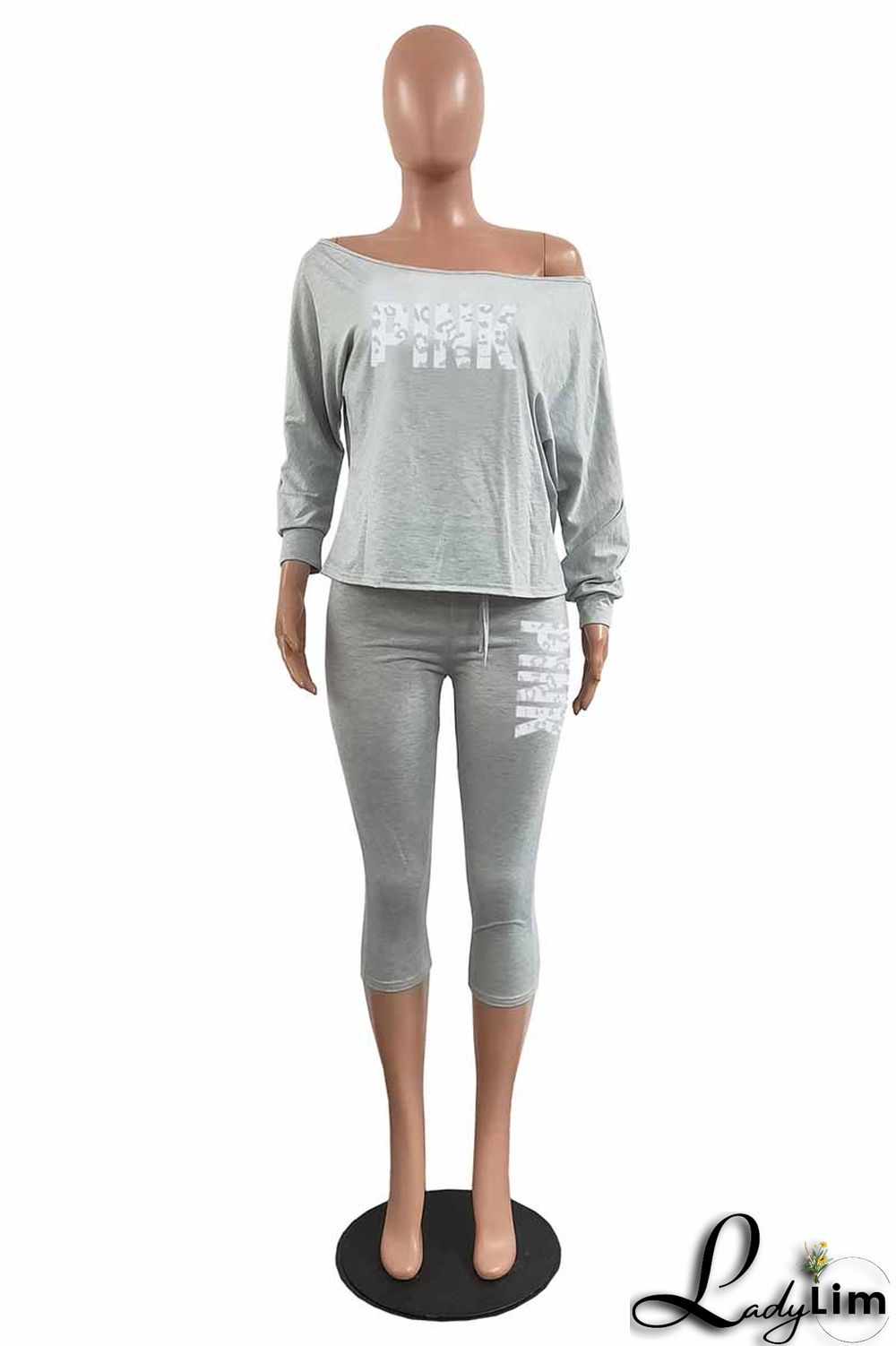 Pink Fashion Casual Letter Print Basic Oblique Collar Long Sleeve Two Pieces