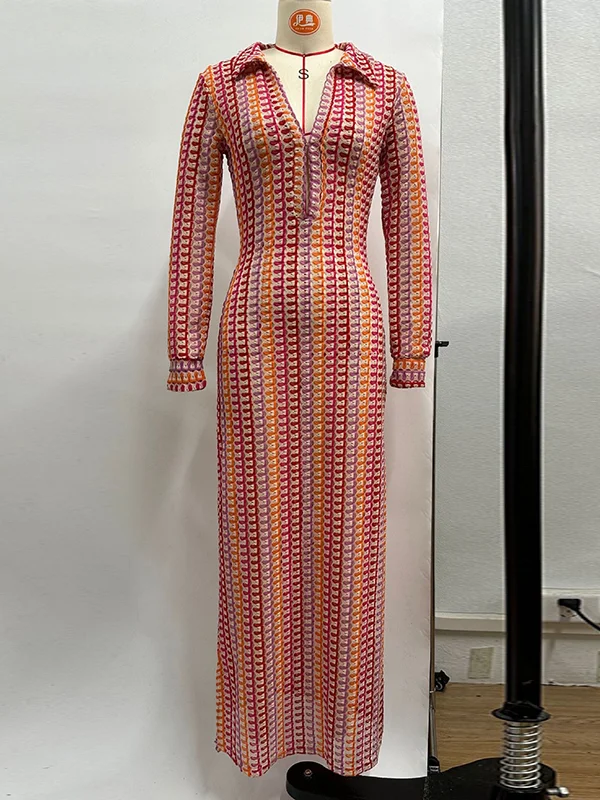 Multicolor Hollow Long Sleeves Bohemia Maxi Dresses