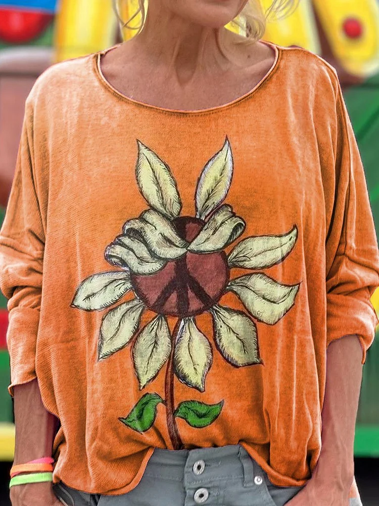 Peace Sunflower Print Loose Round Neck Women's Long Sleeve T-Shirt