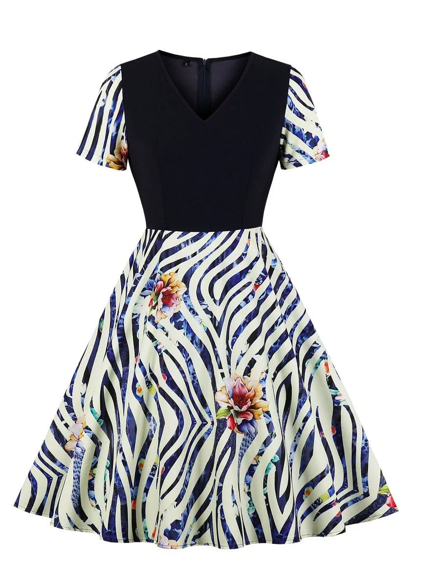 1940s Dress V-neck Floral Pattern Slim Dress