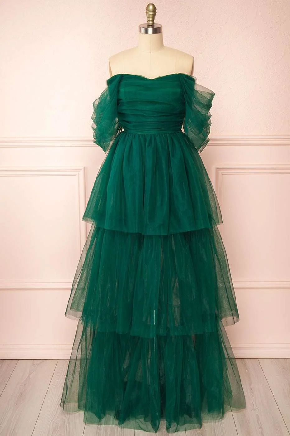 Daisda Simple Green Tulle Off-the-Shoulder A-Line Tiered Prom Dress