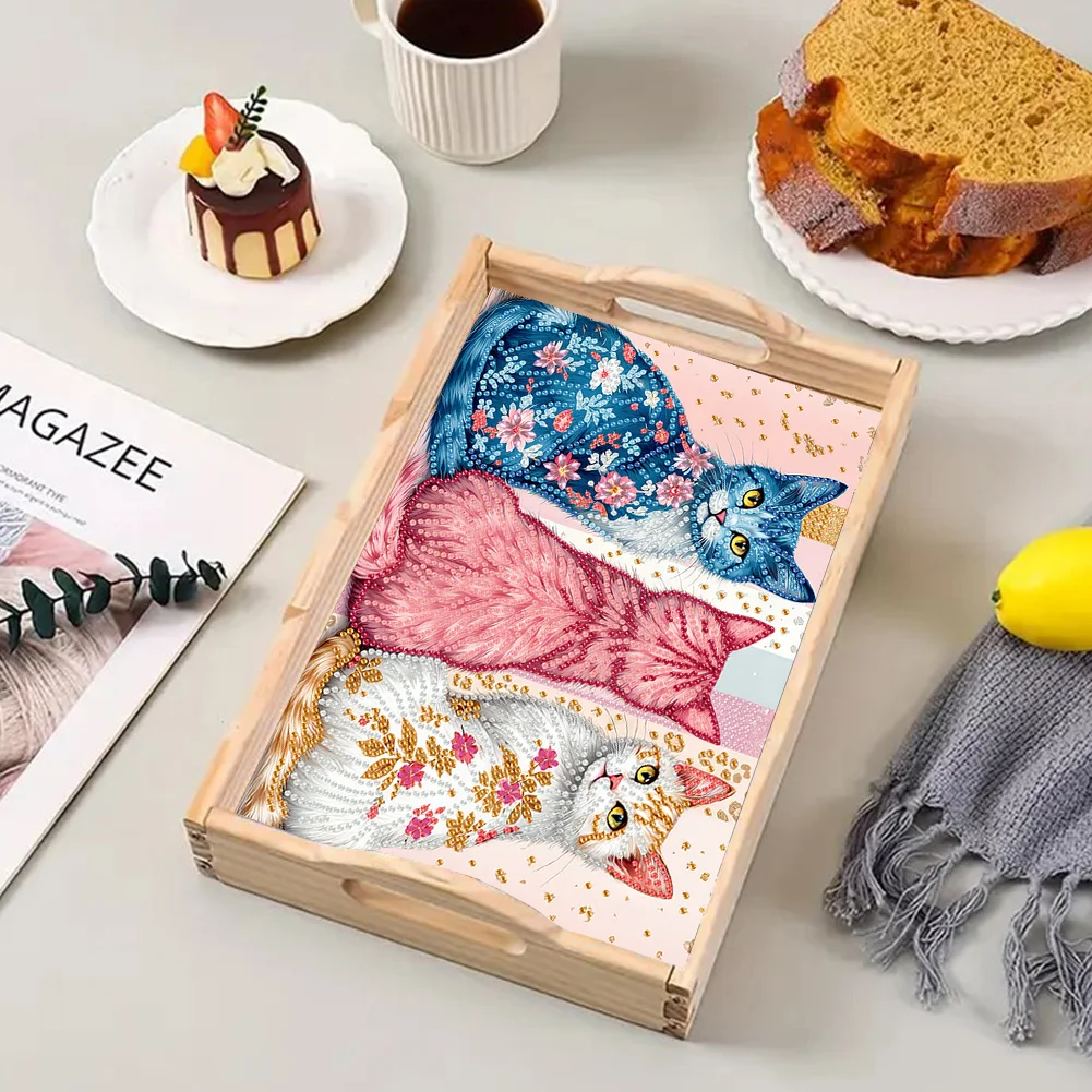 5D DIY Cat Diamond Painting Wooden Serving Tray with Handle for Desk