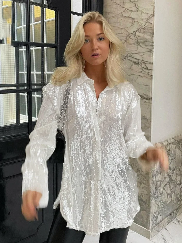 FSDA V Neck 2021 Fashion Sequins Blouse Shirts Women Long Sleeve Sexy Party Autumn Winter Club Y2K Vintage Top Elegant Clothes