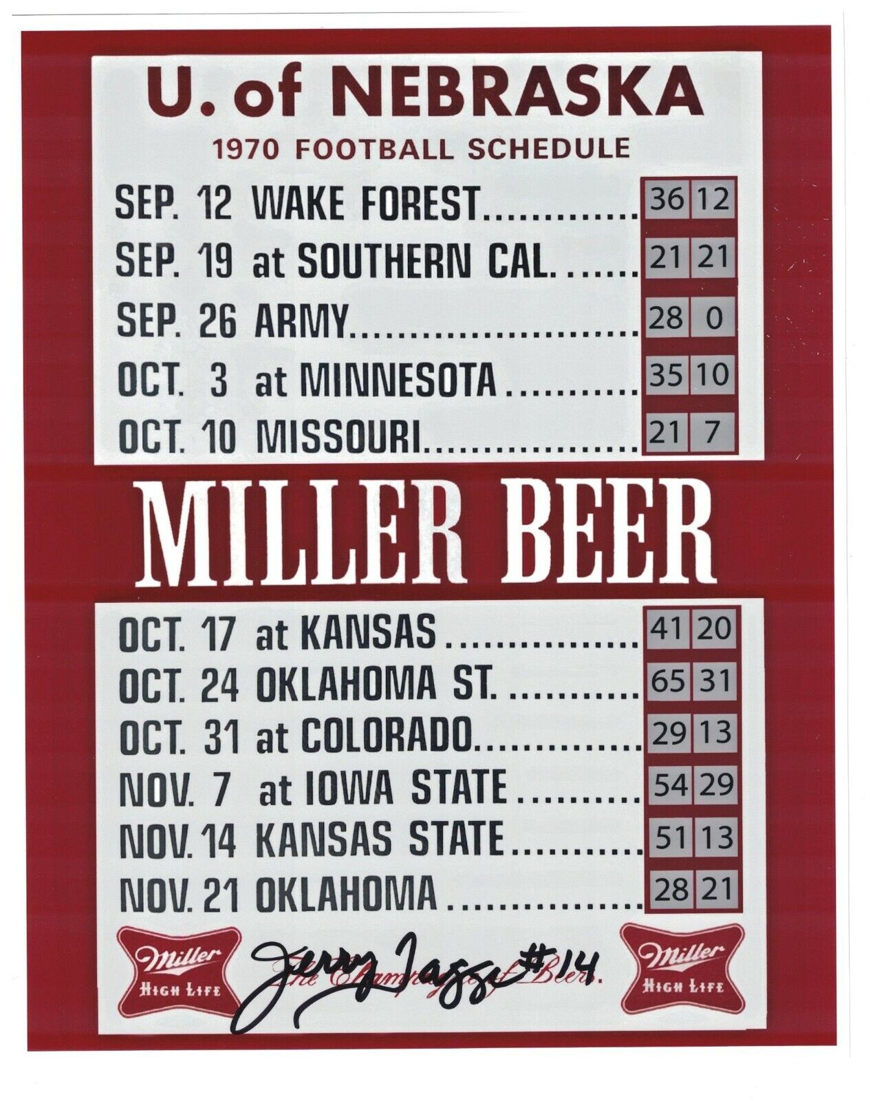 Nebraska Jerry Tagge Signed Autographed 8x10 Photo Poster painting 1970 Schedule Miller Beer