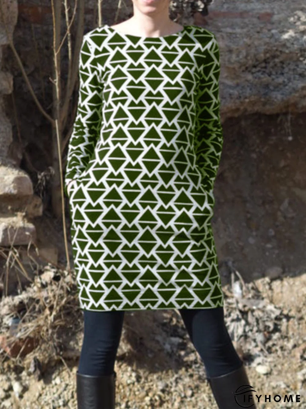 Casual Crew Neck Printed Knitting Dress | IFYHOME