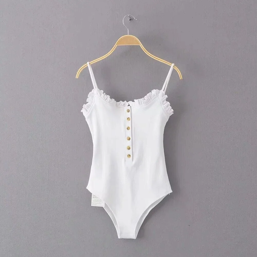 Women's Bodysuits Pink Knitted Tops Female Camisole Playsuit Solid Sexy Button Sleeveless lace Backless Slim Green Jumpsuit TRF