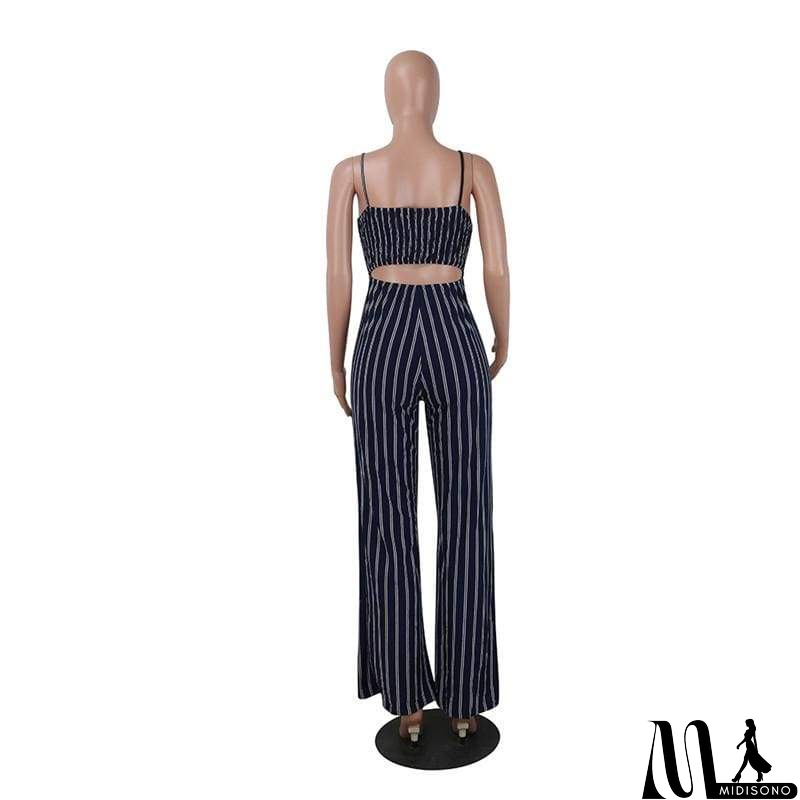 MidiSono - Elegant Striped Spaghetti Strap Rompers Casual Wide legs Jumpsuits