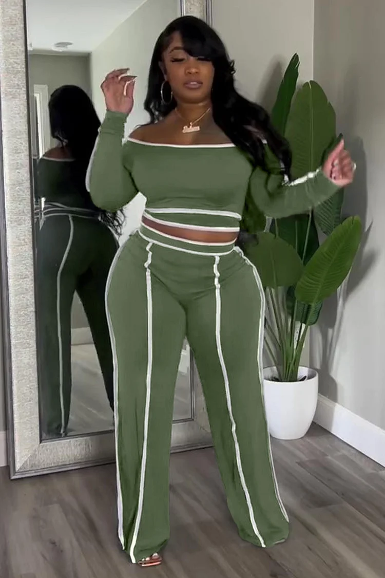 Off Shoulder Top Colorblock Edge High-Rise Pants 2pcs Set-Green [Pre Order]
