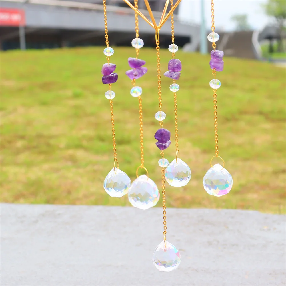 Crystal Wind Chimes Natural Stone Prism Light Catcher Garden Decor (Purple)
