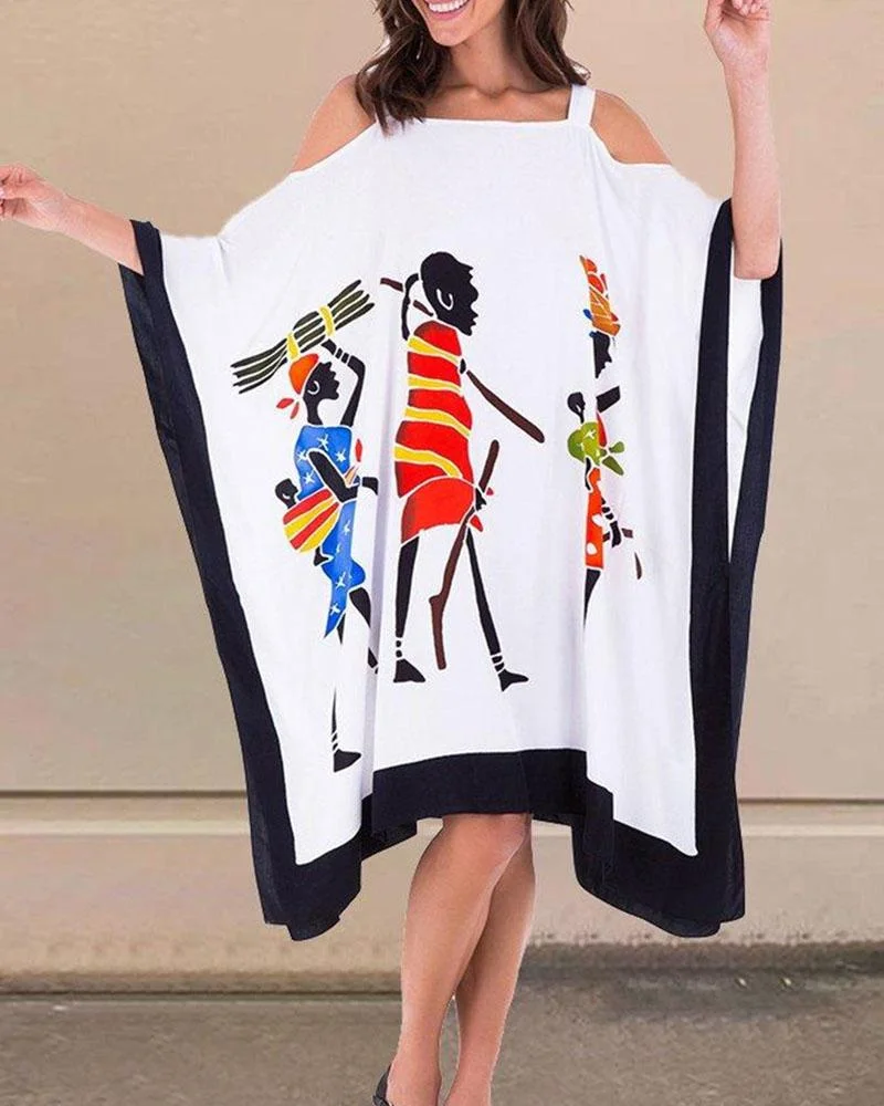 Positioning Print Suspender Mid Length Dress