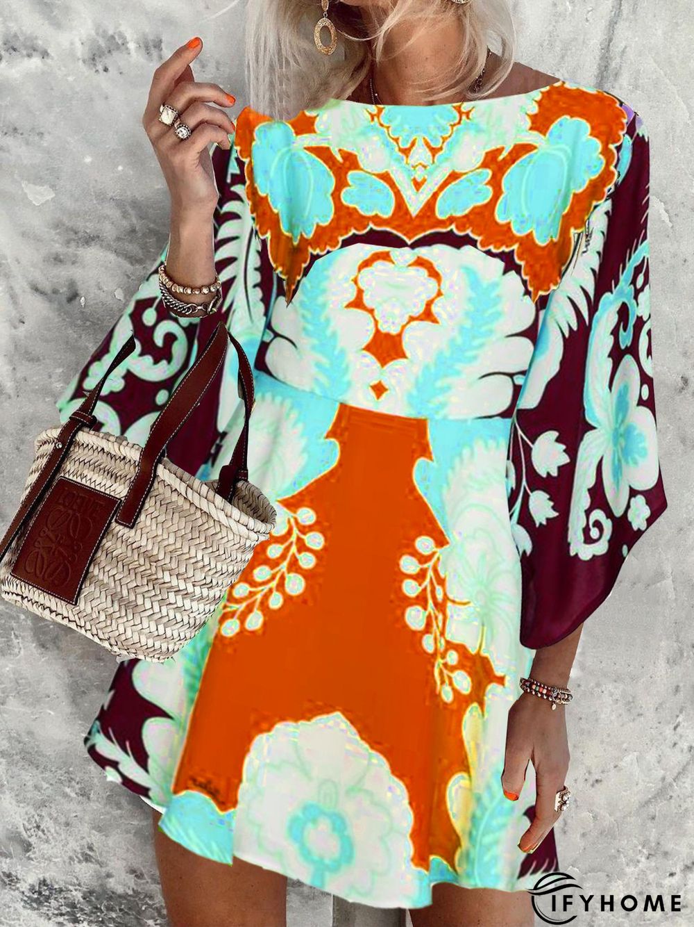 Loose Paisley Crew Neck Cotton-Blend Half Sleeve Dress | IFYHOME