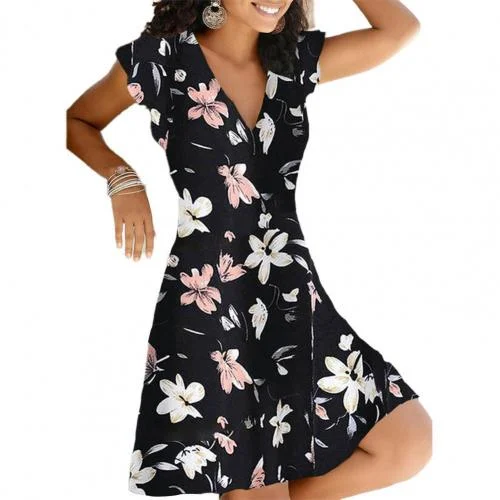 Women Dress V Neck Breathable Polyester A-line Party Dress for Party