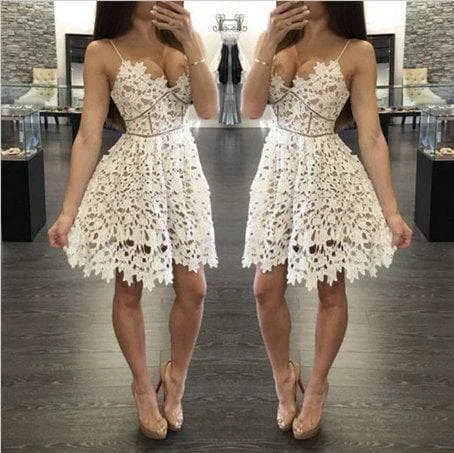 Cute V Neck White Lace Short Prom Dress, Fashion Girl Dress