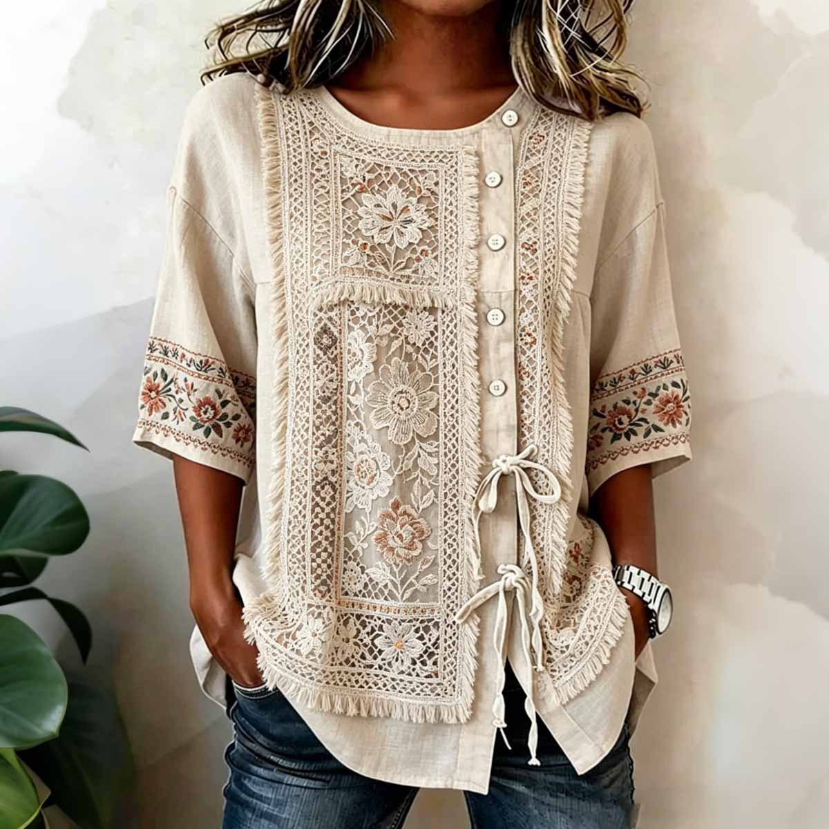 Comstylish Women's Retro Floral Print Vacation Casual Cotton Linen Top