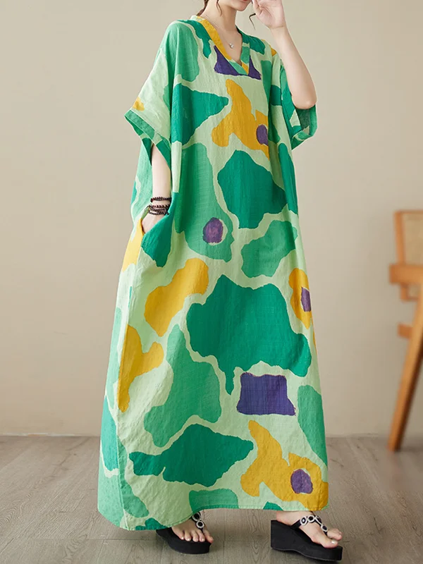Batwing Sleeves Loose Color-Block Contrast Color Round-Neck Maxi Dresses