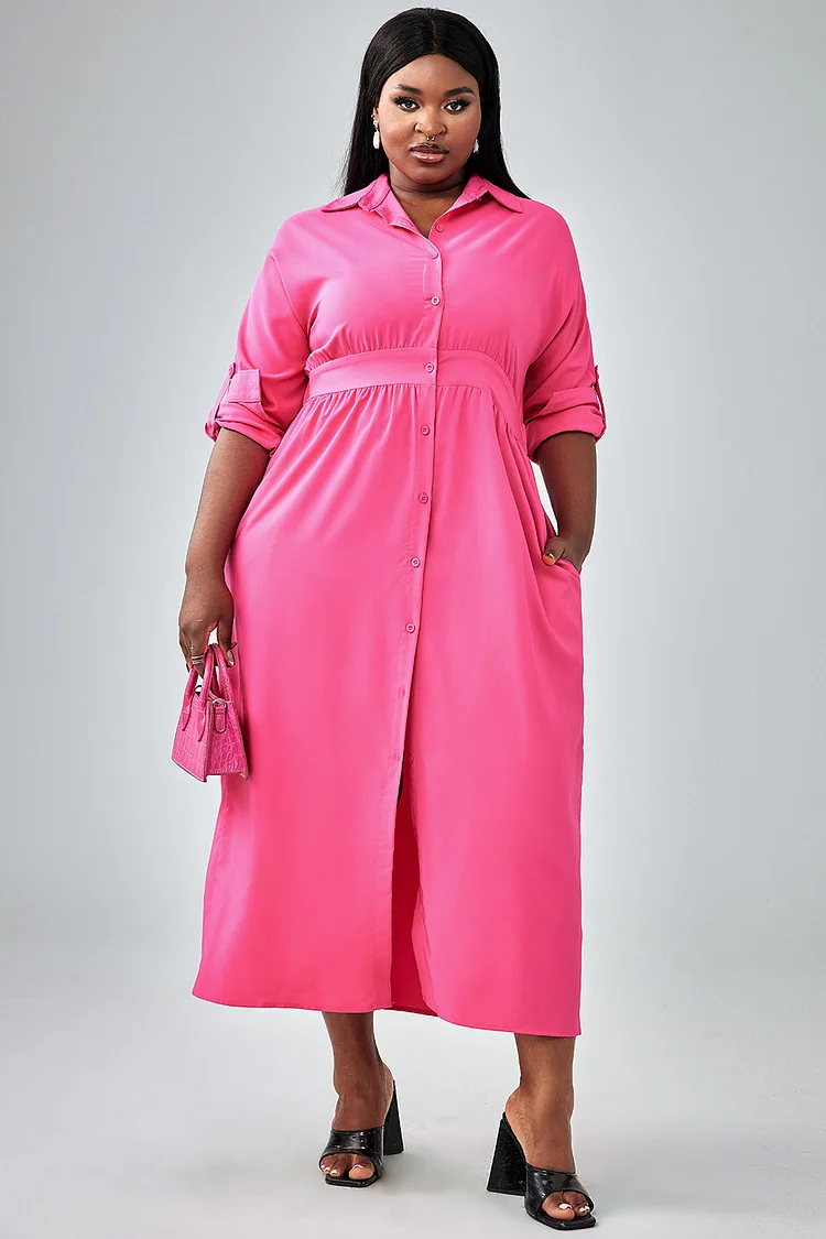 Xpluswear Design Plus Size Daily Dress Hot Pink Button Shirtdress Midi Dress With Pockets