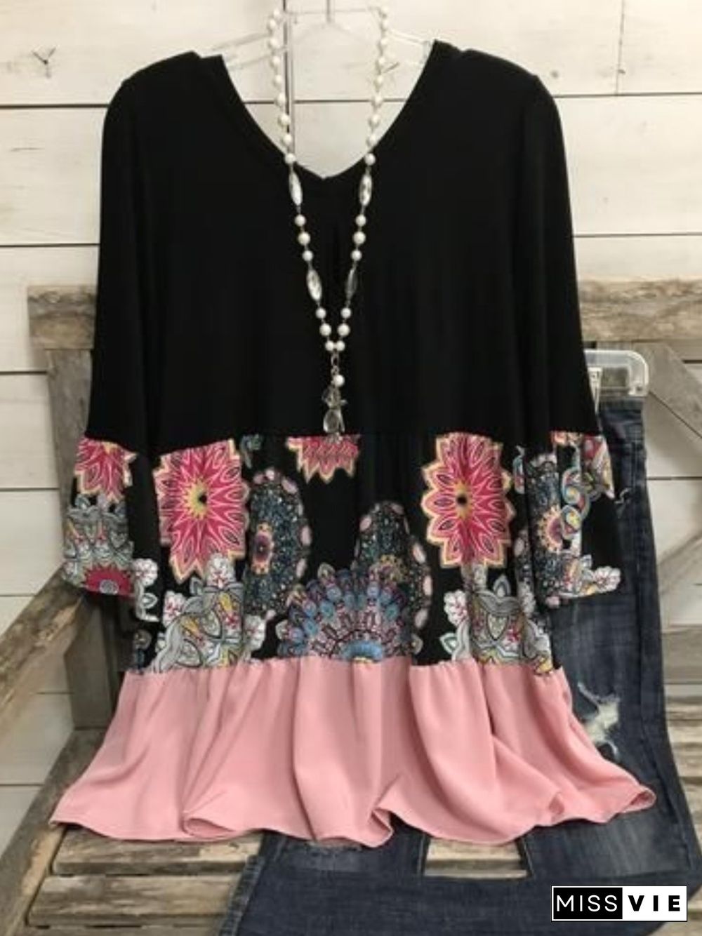 Casual Long Sleeve Round Neck Plus Size Printed Tops