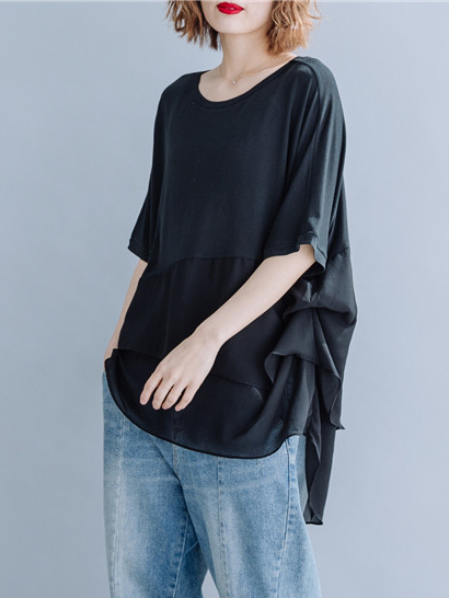 Multi-Layered Ruffled Patchwork Short Sleeve Round Neck Top