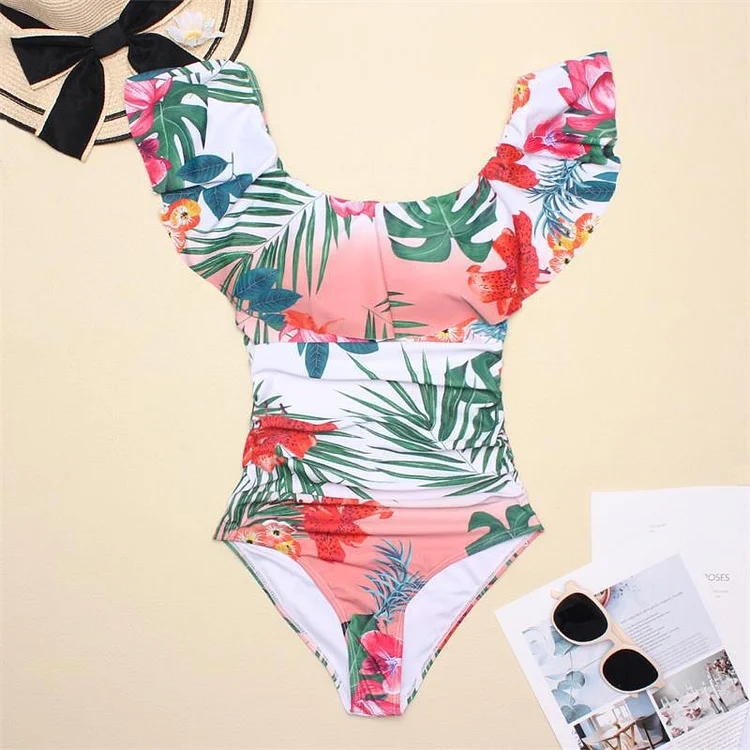 Ruffle Boat Neck Blossom Printed One Piece Swimsuit