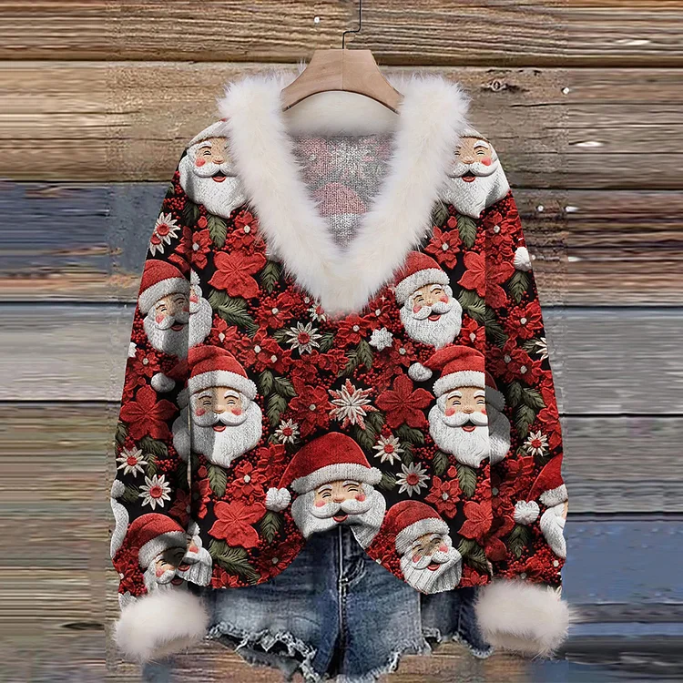 Comstylish Christmas Cute Santa Floral Art Pattern Print Knit Pullover Sweater