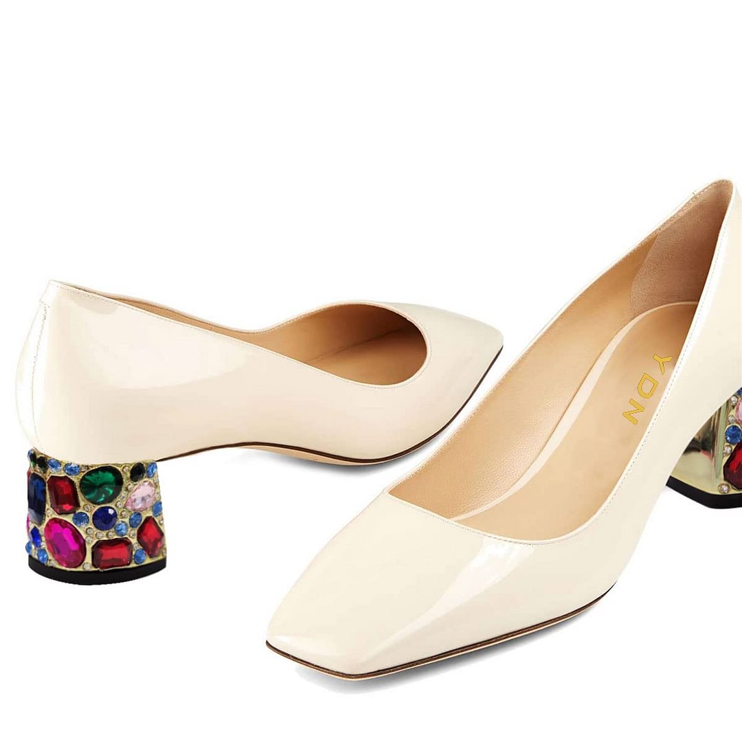 Stylish Patent Leather Square-Toe Decorative Block Heel Pumps in Nude