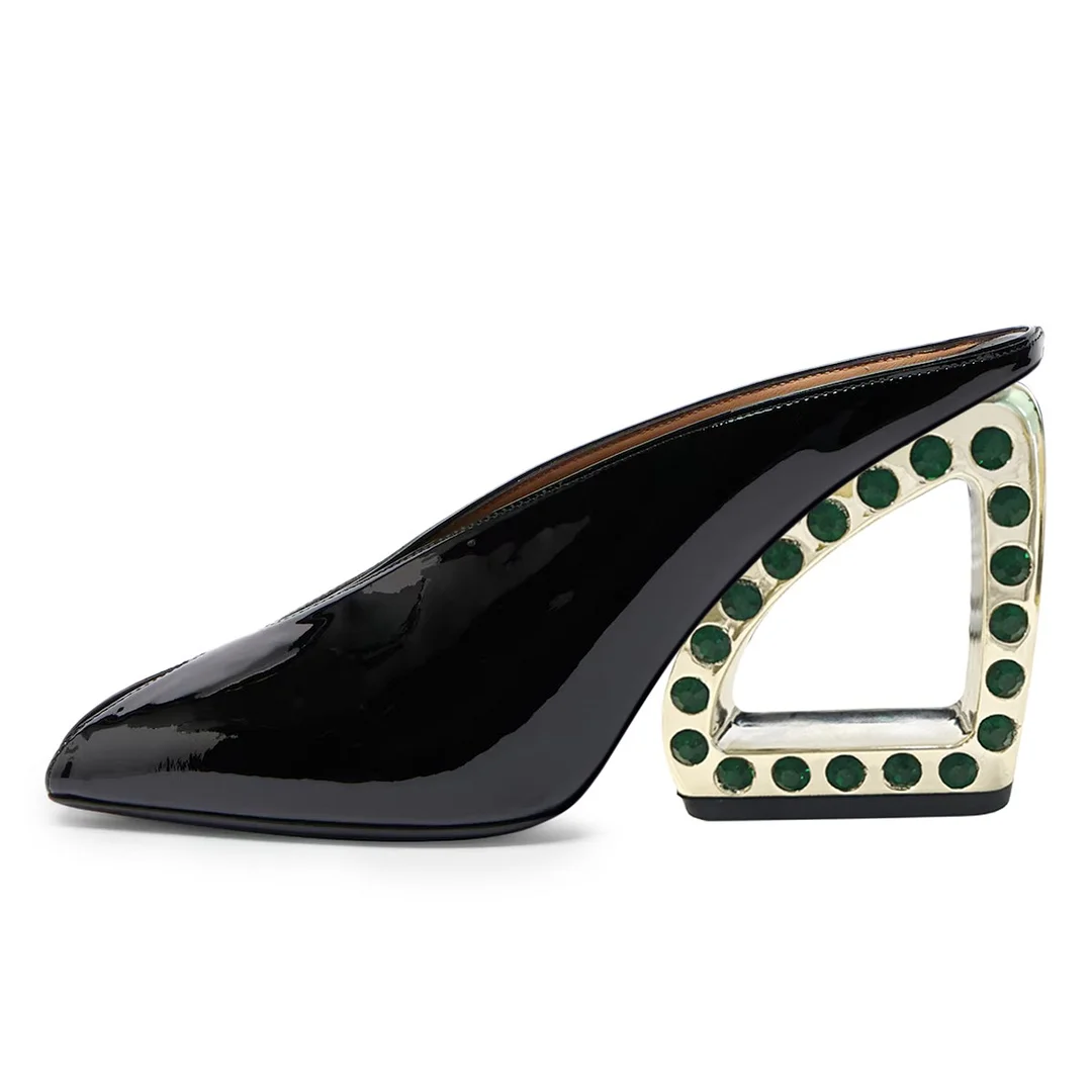 Women's Fashion Black Peep Toe Sculptural Heeled Mules with Rhinestone