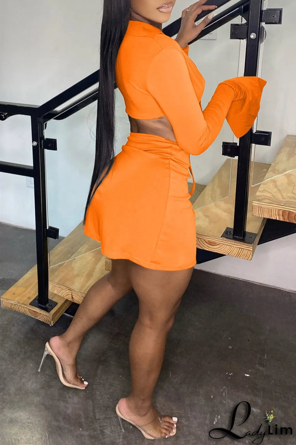 Yellow Fashion Sexy Solid Bandage Slit V Neck Long Sleeve Two Pieces