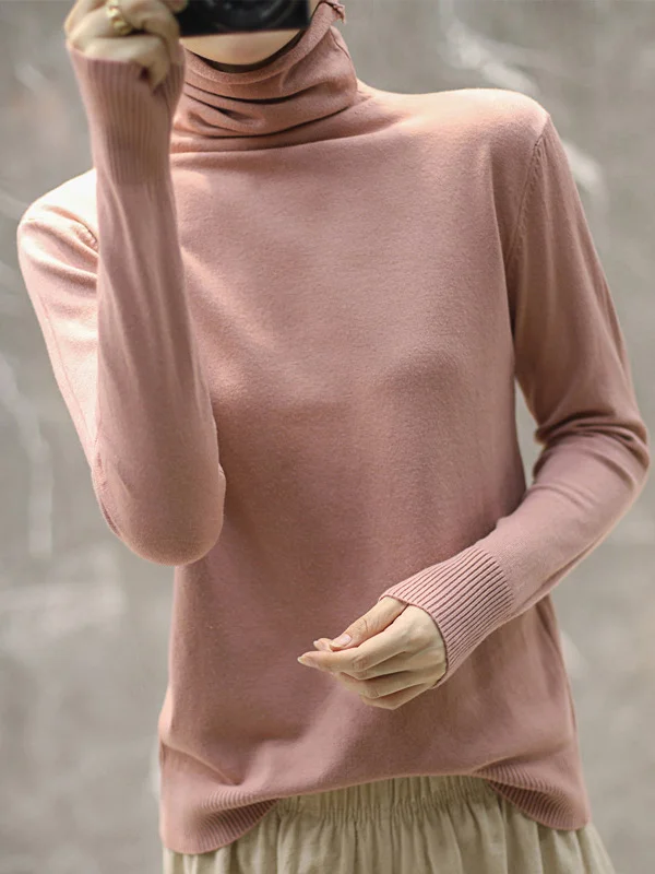 Solid Color Heaps Collar Long Sleeve Knitwear Tops