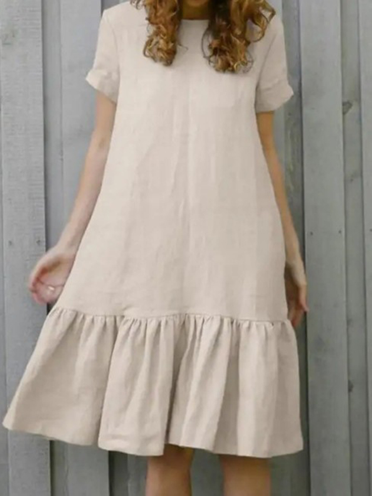 Comstylish Vintage Solid Flounce Round Neck Casual Cotton Linen Midi Dress