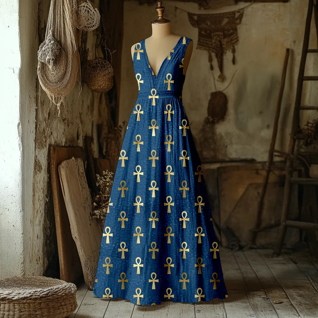Ancient Egypt Golden Ankh Cross Pattern Linen Maxi Dress