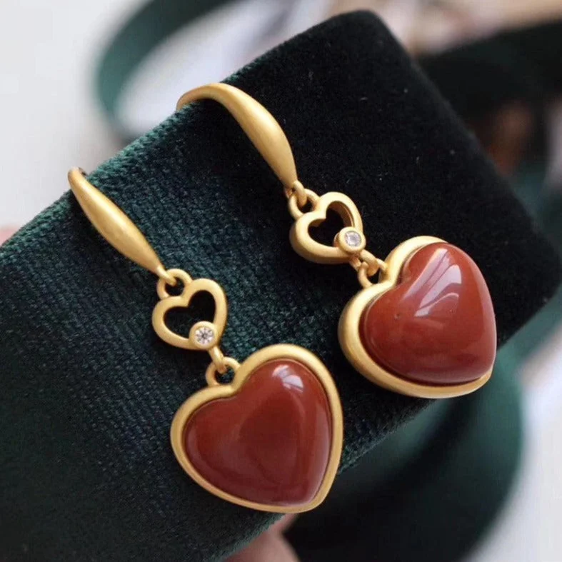 Natural Red Agate Heart Love Earrings