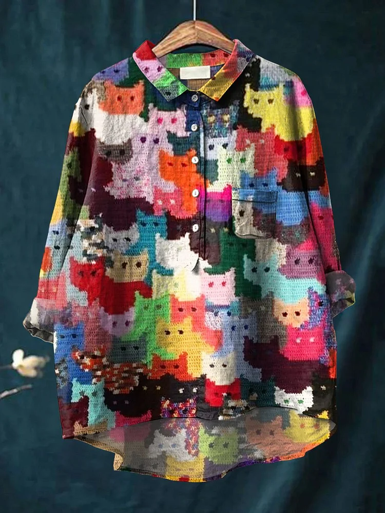 Cat Art Print Casual Cotton And Linen Shirt