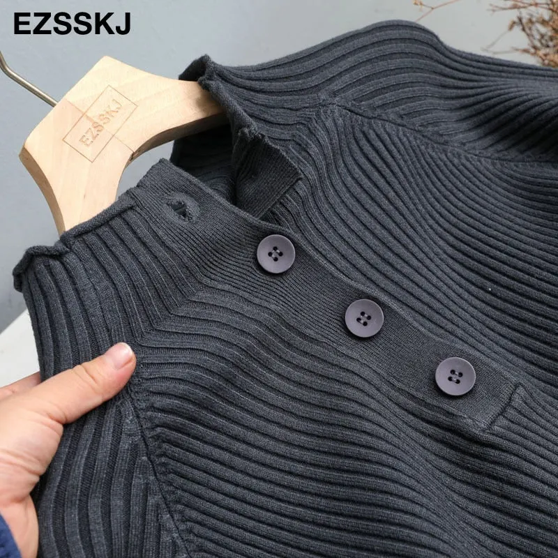 autumn winter thick women's sweater 2020 loose warm oversize Sweater Pullover button women's turtleneck sweater long sleeve