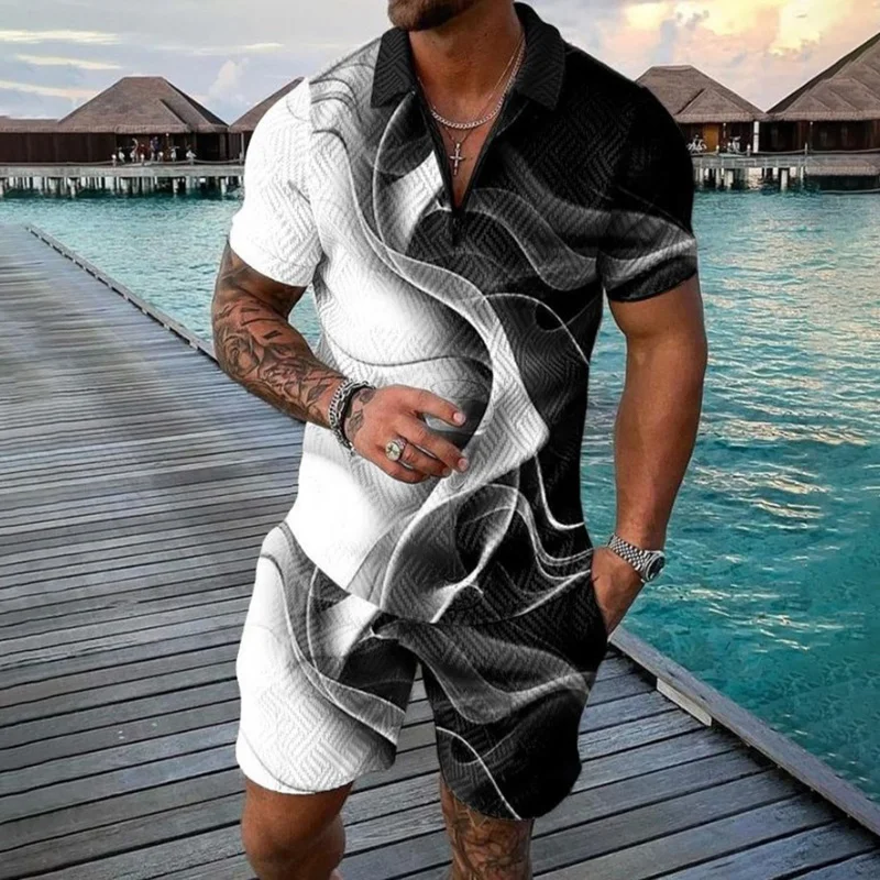 Black And White Gradient Polo Shirt And Shorts Two Piece Set