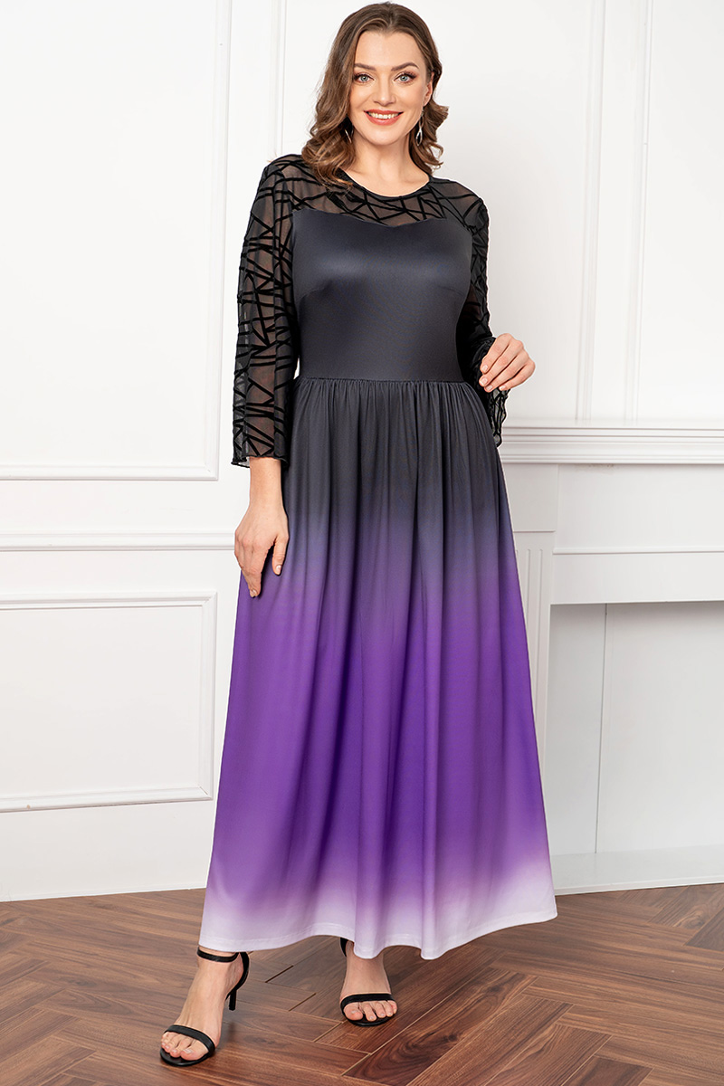 Flycurvy Plus Size Casual Purple Lace Stitching Ombre Print See-Through Maxi Dress