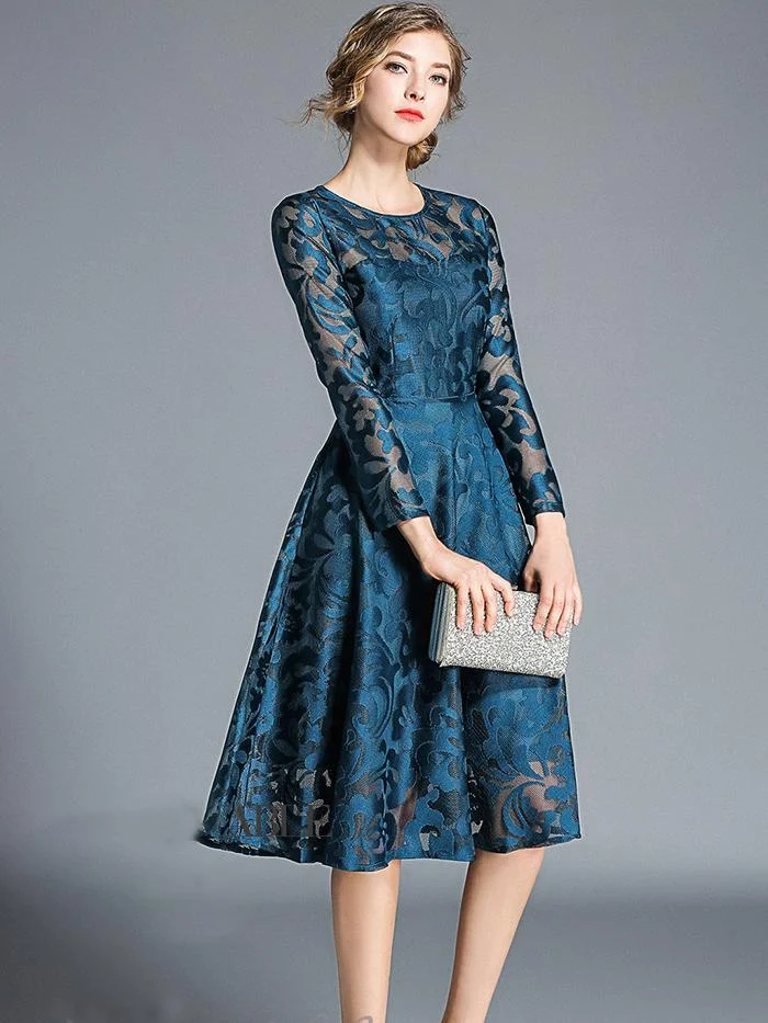Temperament mid-length lace big swing long-sleeved dress