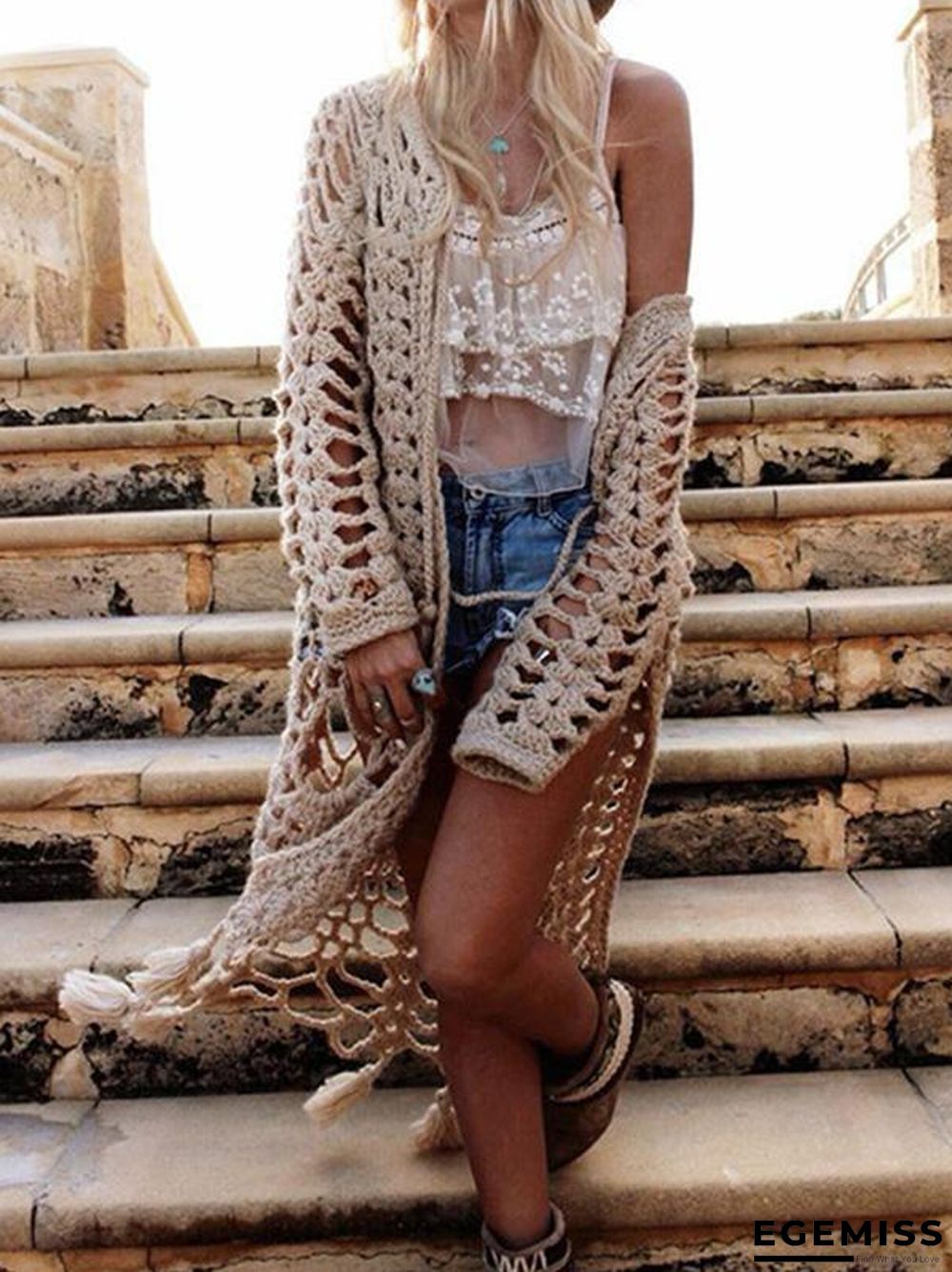 Knitting 2 Colors Cover-up Cardigans Tops | EGEMISS