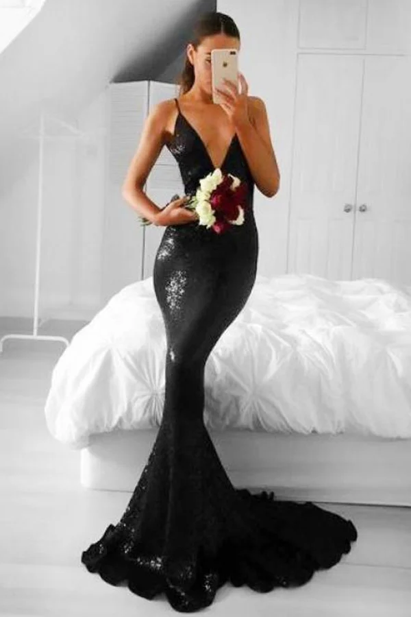 Daisda Mermaid Black Sequins Prom Dress